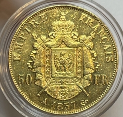 Золотая монета 50 франков Наполеон III 1857 г.,Au 900